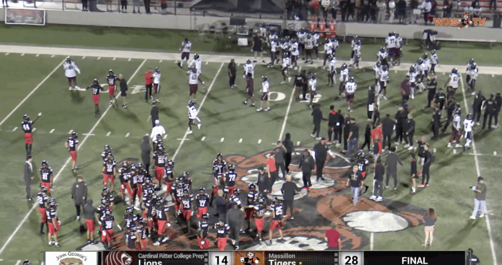 The Massillon Police use mace to get post-game handshake under control in the Massillon v. Cardinal Ritter College Prep game on October 3, 2025.