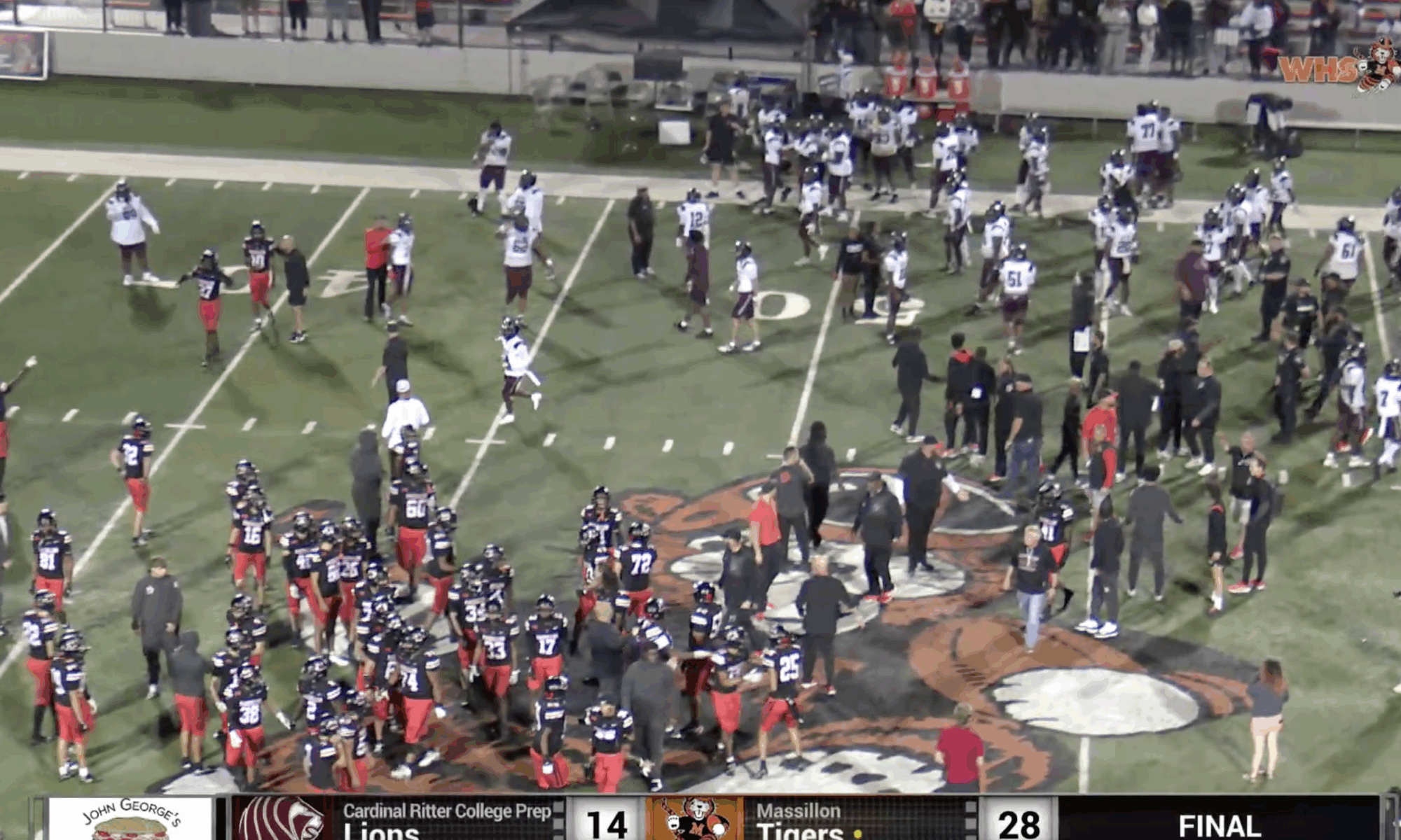 The Massillon Police use mace to get post-game handshake under control in the Massillon v. Cardinal Ritter College Prep game on October 3, 2025.